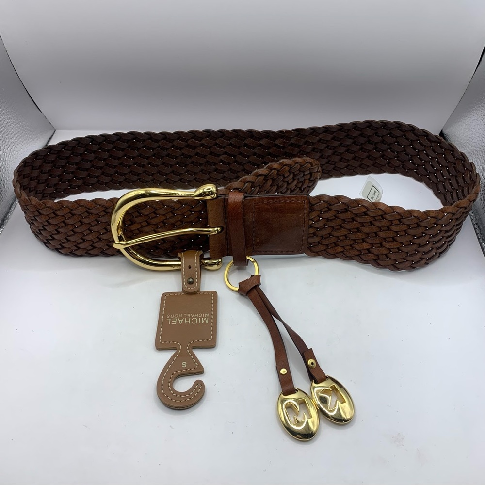 Michael Kors Braided Brown Leather Belt with Gold Hardware